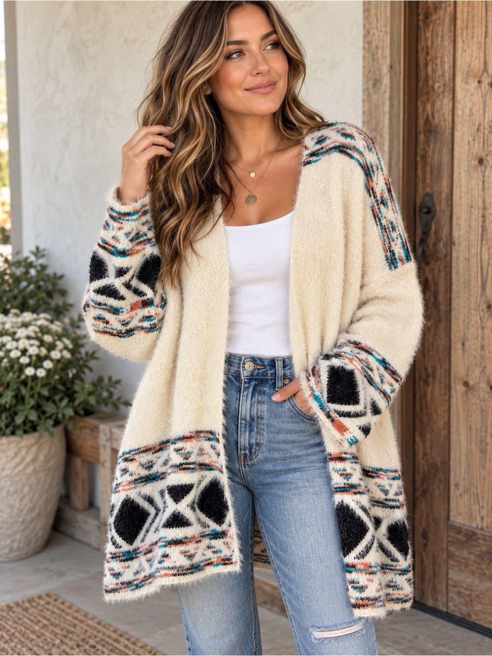ADORA M/L Fuzzy Geometric Open Front Cardigan Cream Boho Southwestern